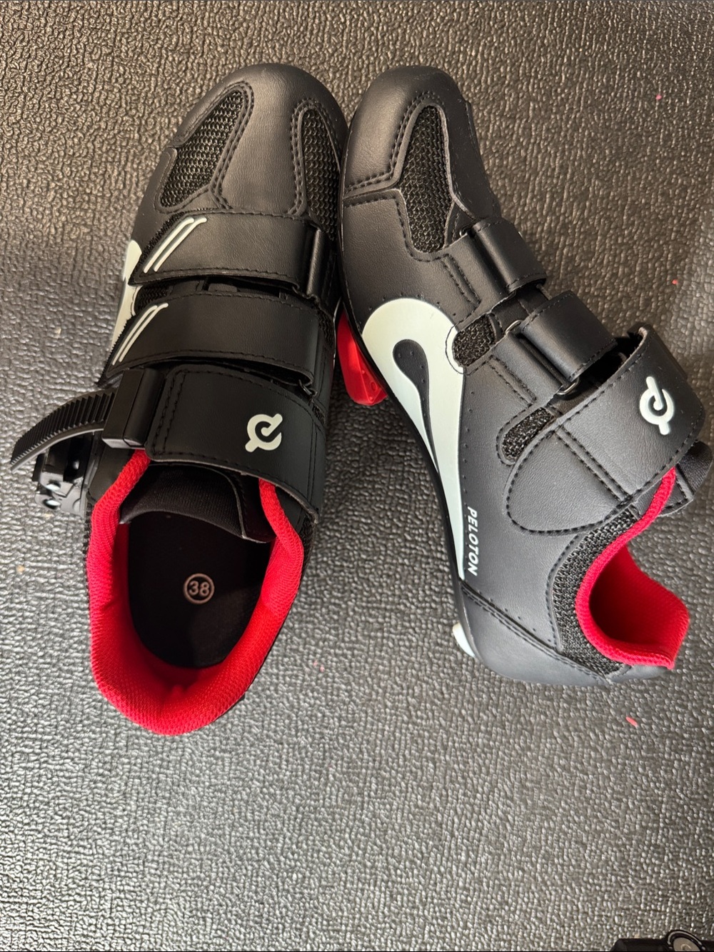 Peloton Black Cycling Shoes with Red Lining and White Accents